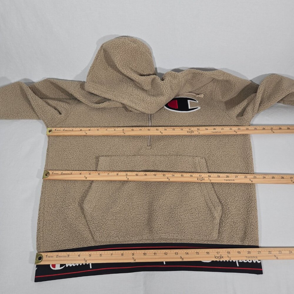Y2K CHAMPION Streetwear TAN Spell Out Teddy Half Zip Sherpa Hoodie Men's Size L. - Picture 16 of 17